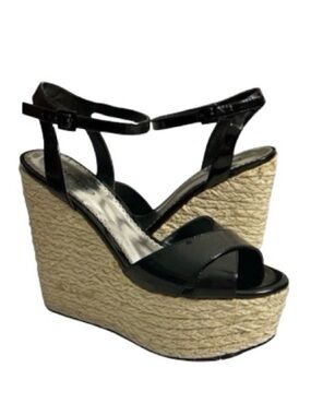 bebe Black Patent Espadrille Platform Wedge Karissa Sandals Size 9.5